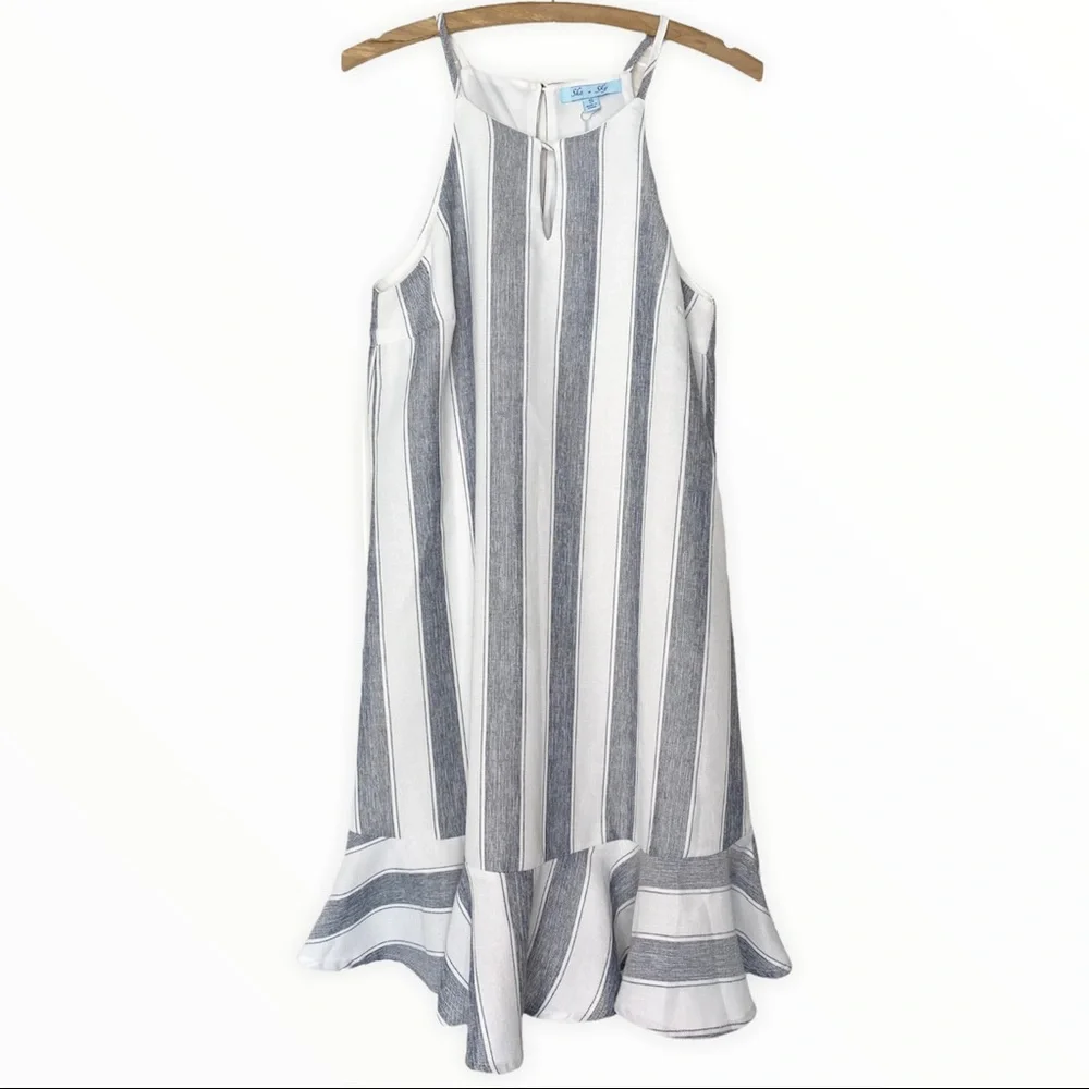 She + Sky | Striped Lined Shift Dress with Front Keyhole and Ruffle Hem | Small - Picture 1 of 7